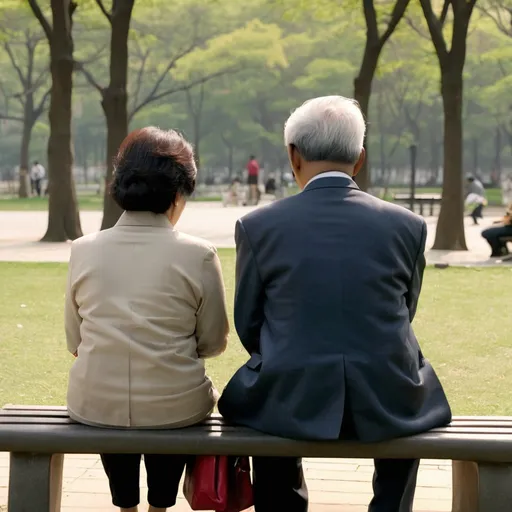 Prompt: an Indian man in his 60's and a Korean woman in her late 50's sitting on a bench in a park. we see them from the back not revealing their faces and we see the man is holding a letter in the back. the image is from the back of the bench where they are sitting 

