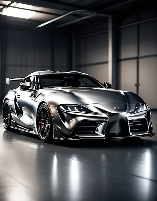 Prompt: Supra mk4 fully carbon fiber body Sports car, glossy metallic finish, lights reflecting on the car, dynamic and sleek design, high quality, dynamic design