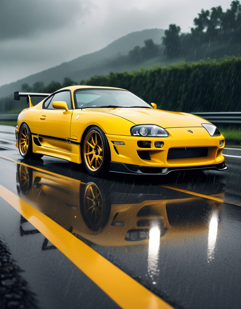 Prompt: Mk4 supra sports car fully carbon fiber body yellow color on motorway rainy weather