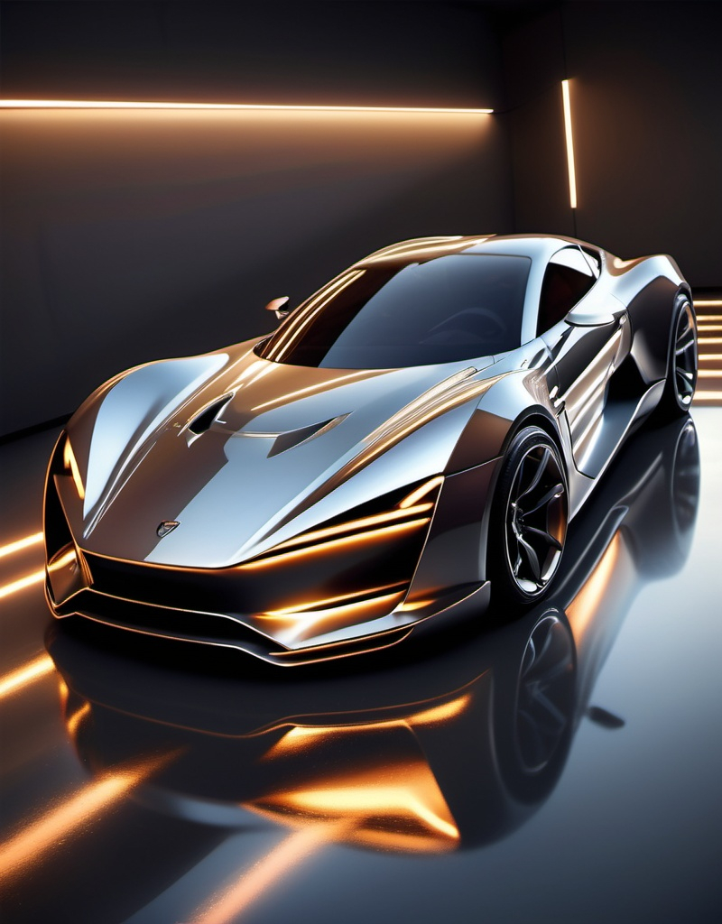 Prompt: Sports car, glossy metallic finish, lights reflecting on the car, dynamic and sleek design, high quality, dynamic design