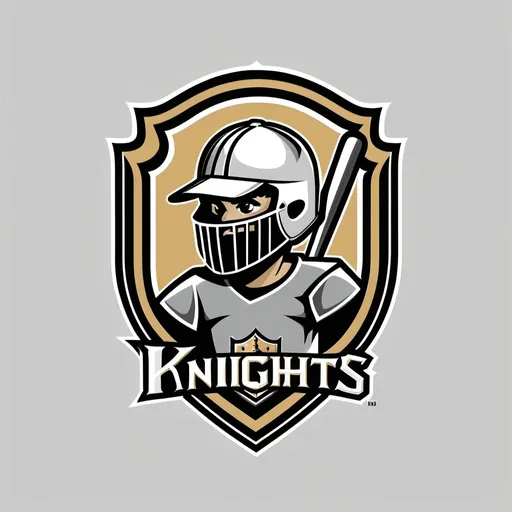 Prompt: Create a positive logo for a youth baseball team called “Knights.” Use on the colors black, white, silver, and gold. No letters should be included. Feature a baseball somewhere in the logo.