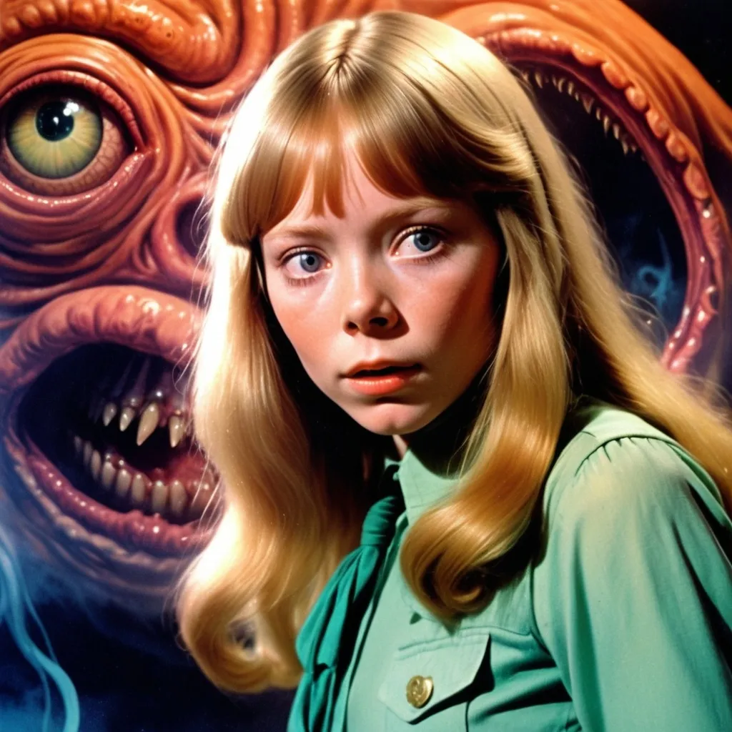 Prompt: (Lovecraftian atmosphere), (Sissy Spacek as a 21-year-old high school student), pretty but (awkward), (blonde), waves of (psychic energy) emanating from her (eyes), 1970's setting, moody lighting, lush colors, unsettling ambiance, dramatic shadows, retro details, haunting backdrop, in the style of Shirley Bellwood, Misty 1970s vintage horror comic, faded colors