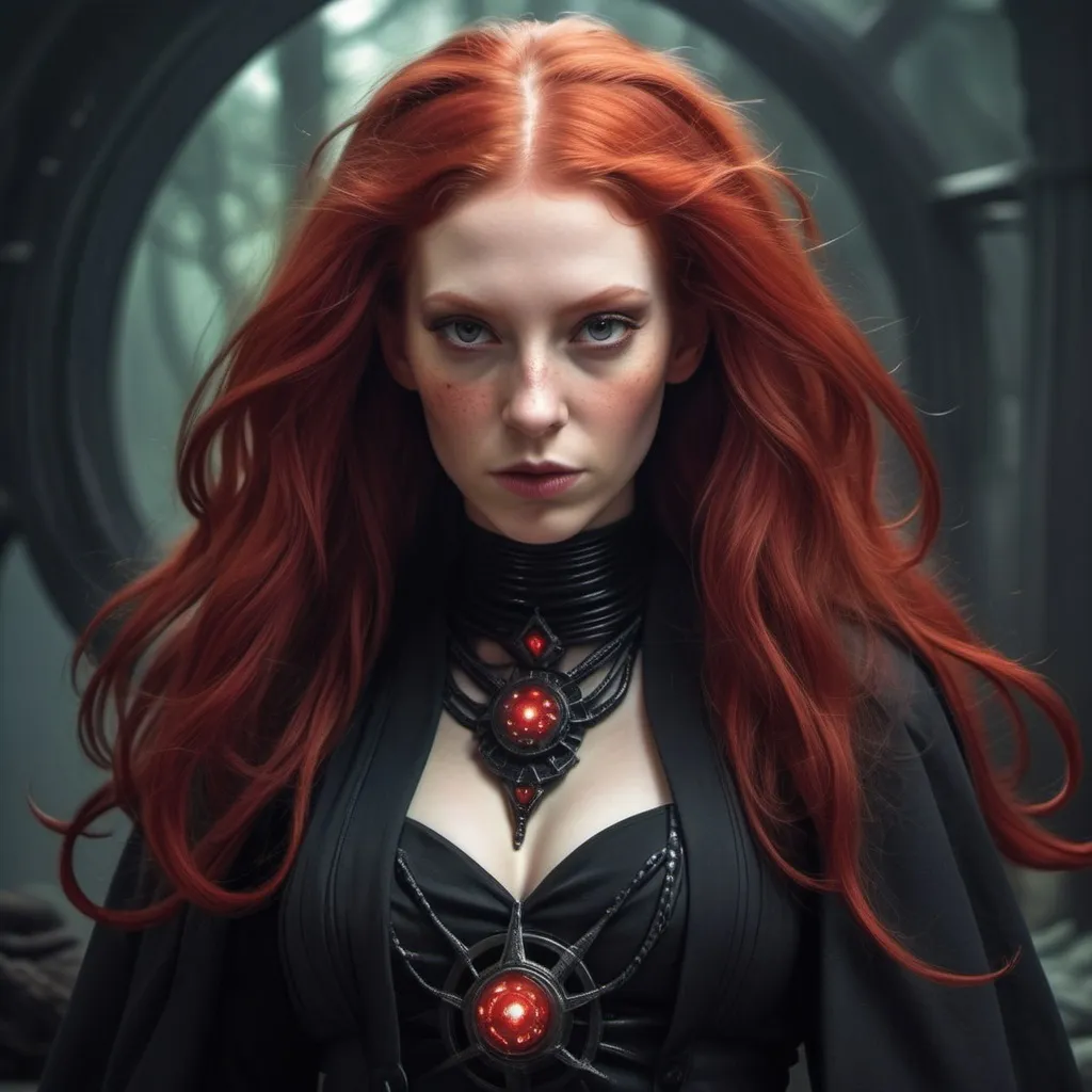 Prompt: Lovecraftian beautiful red haired Sith witch