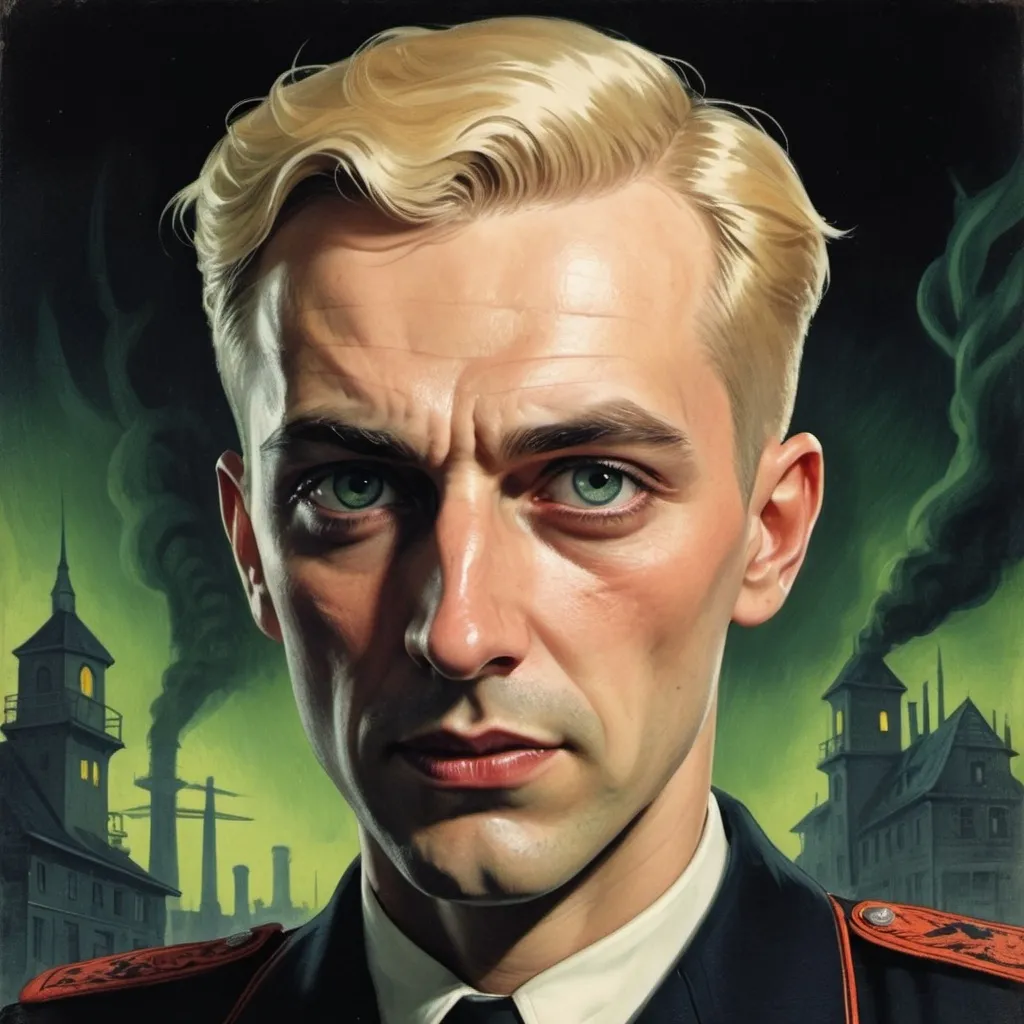 Prompt: Sinister 30 year old German man with slick short blonde hair, SS  uniform, simister Lovecraftian villainn  the first page of horror and science fiction, 50's editorial color illustration