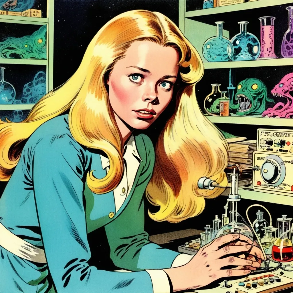 Prompt: Pretty but awkward 22 year old blonde 1970's young woman,  Sissy Spacek, psychic waves coming from her mind, in a lab, in the style of Al Feldstein, Shirley Bellwood, Jack Kirby and Wally Wood, 1950s vintage comic, faded colors, Lovecraftian atmospheric horror