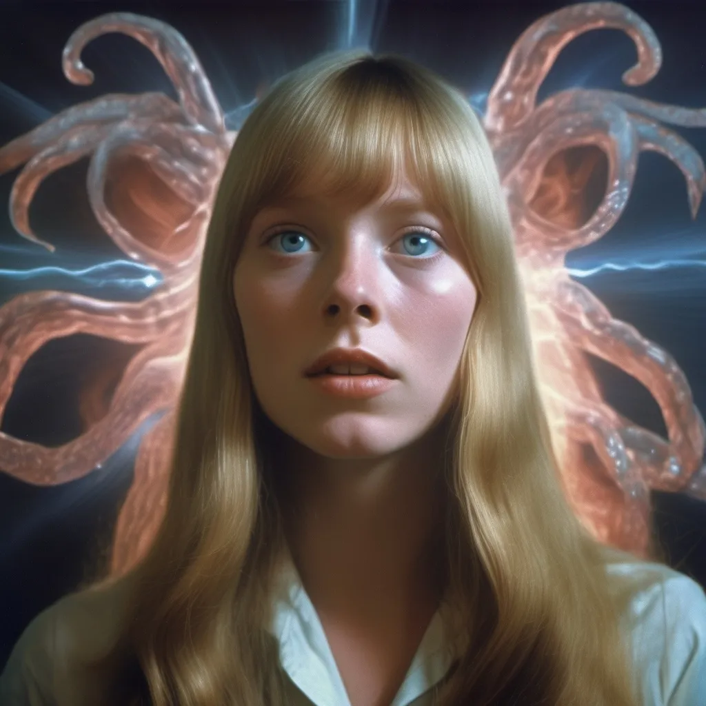 Prompt: Cinematic Dario Argento inspired Lovecraftian still, Sissy Spacek as pretty but awkward blonde 19 year old high school student psychic from the 1970's waves of psychic energy coming from her eyes, 64 megapixels, perfect composition, photorealistic and hyperdetailed