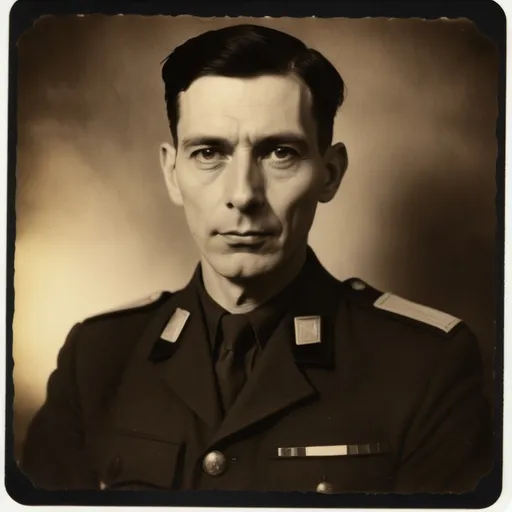 Prompt: Old sepia polaroid photo of 1950's 50 year old with very short black  hair, 1940s military style, German man black ss uniform, soft lighting,photo realistic, cinematic, Lovecraftian atmosphere, Fascist