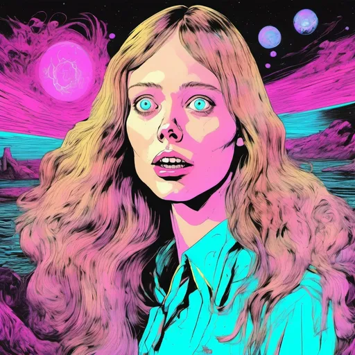 Prompt: Cinematic Dario Argento inspired Lovecraftian still, Sissy Spacek as pretty but awkward blonde 21 year old high school student psychic from the 1970's waves of psychic energy coming from her eyes, 64 megapixels, perfect composition, photorealistic and hyperdetailed