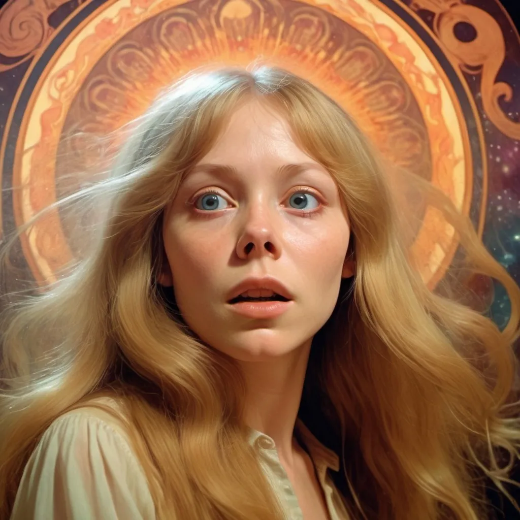 Prompt: Cinematic Dario Argento inspired Lovecraftian still, Sissy Spacek as pretty but awkward blonde 19 year old high school student psychic from the 1970's waves of psychic energy coming from her eyes, 64 megapixels, perfect composition, photorealistic and hyperdetailed