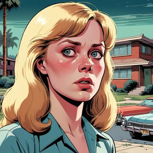 Prompt: GTA V cover art, Cinematic Dario Argento inspired (Lovecraftian atmosphere), (Sissy Spacek as a 21-year-old high school student), pretty but (awkward), (blonde), waves of (psychic energy) emanating from her (eyes), 1970's setting, (photorealistic), (hyper-detailed), (64 megapixels), (perfect composition), moody lighting, lush colors, unsettling ambiance, dramatic shadows, retro details, haunting backdrop, in the style of Jack Kirby and Wally Wood, 1950s vintage comic, faded colors, cartoon illustration