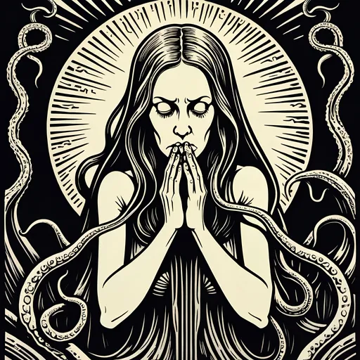 Prompt: A linocut of a woman worshipping Cthulhu