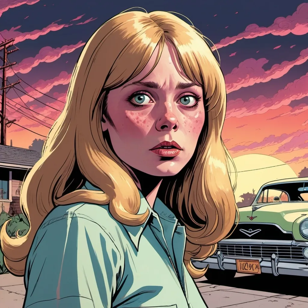 Prompt: GTA V cover art, Cinematic Dario Argento inspired (Lovecraftian atmosphere), (Sissy Spacek as a 21-year-old high school student), pretty but (awkward), (blonde), waves of (psychic energy) emanating from her (eyes), 1970's setting, (photorealistic), (hyper-detailed), (64 megapixels), (perfect composition), moody lighting, lush colors, unsettling ambiance, dramatic shadows, retro details, haunting backdrop, in the style of Jack Kirby and Wally Wood, 1950s vintage comic, faded colors, cartoon illustration