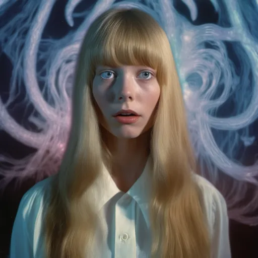 Prompt: Cinematic Dario Argento inspired Lovecraftian still, Sissy Spacek as pretty but awkward blonde 21 year old high school student psychic from the 1970's waves of psychic energy coming from her eyes, 64 megapixels, perfect composition, photorealistic and hyperdetailed