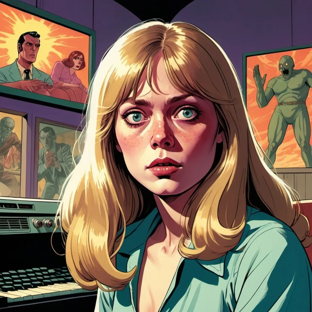 Prompt: GTA V cover art, Cinematic Dario Argento inspired (Lovecraftian atmosphere), (Sissy Spacek as a 21-year-old high school student), pretty but (awkward), (blonde), waves of (psychic energy) emanating from her (eyes), 1970's setting, (photorealistic), (hyper-detailed), (64 megapixels), (perfect composition), moody lighting, lush colors, unsettling ambiance, dramatic shadows, retro details, haunting backdrop, in the style of Jack Kirby and Wally Wood, 1950s vintage comic, faded colors, cartoon illustration