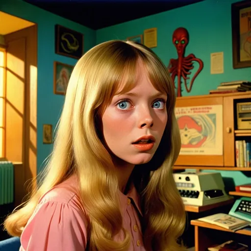 Prompt: Cinematic Dario Argento inspired (Lovecraftian atmosphere), (Sissy Spacek as a 21-year-old high school student), pretty but (awkward), (blonde), waves of (psychic energy) emanating from her (eyes), 1970's setting, (photorealistic), (hyper-detailed), (64 megapixels), (perfect composition), moody lighting, lush colors, unsettling ambiance, dramatic shadows, retro details, haunting backdrop, in the style of Jack Kirby and Wally Wood, 1950s vintage comic, faded colors