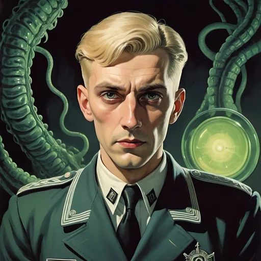 Prompt: Sinister 30 year old German man with slick short blonde hair, SS  uniform, simister Lovecraftian villainn  the first page of horror and science fiction, 50's editorial color illustration