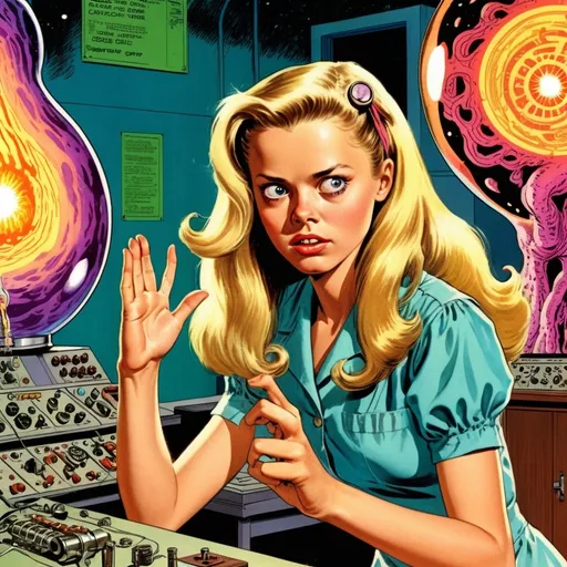 Prompt: A mad scientist in a lab, in the style of Jack Kirby and Wally Wood, 1940s vintage comic, faded colorsCinematic Dario Argento inspired Lovecraftian still, Sissy Spacek as pretty but awkward blonde 18 year old high school student psychic from the 1970's waves of psychic energy coming from her eyes, 64 megapixels, perfect composition,  photorealistic and hyperdetailed 