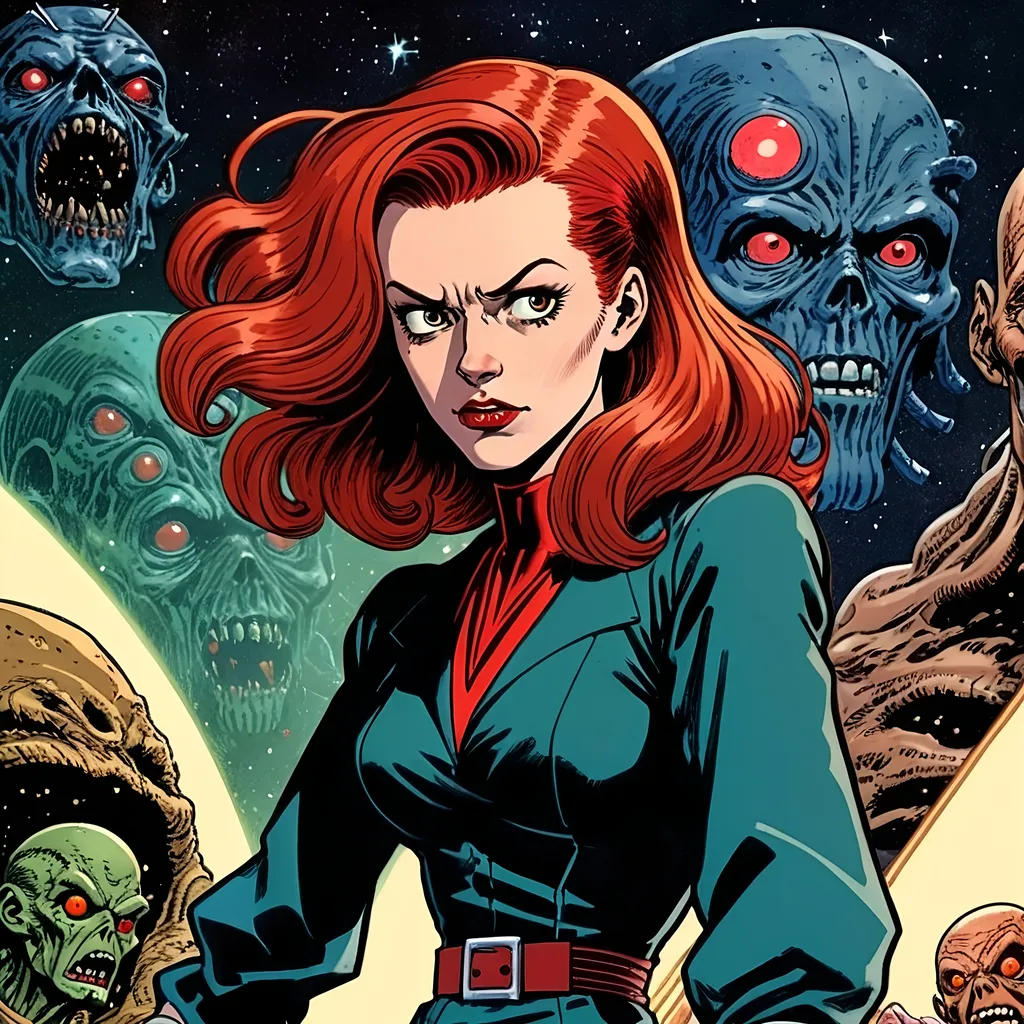 Prompt: 2d dark j horror anime style, dark space, 
Lovecraftian beautiful 24 year old  red haired Sith witch, in the style of Jack Kirby and Wally Wood, 1940s vintage comic, faded colors