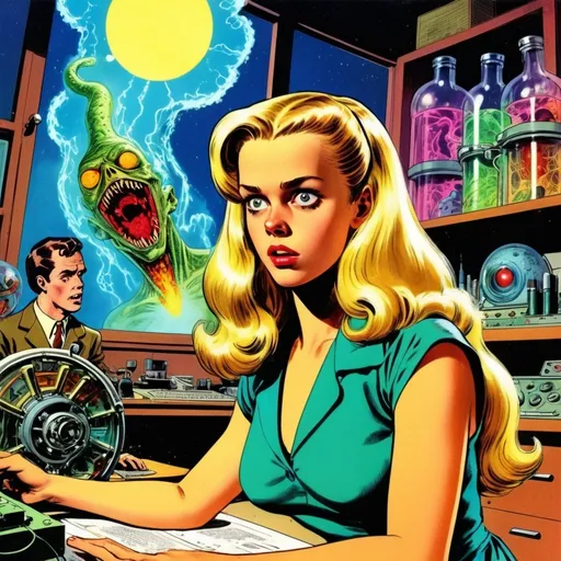 Prompt: A mad scientist in a lab, in the style of Jack Kirby and Wally Wood, 1940s vintage comic, faded colorsCinematic Dario Argento inspired Lovecraftian still, Sissy Spacek as pretty but awkward blonde 18 year old high school student psychic from the 1970's waves of psychic energy coming from her eyes, 64 megapixels, perfect composition,  photorealistic and hyperdetailed 