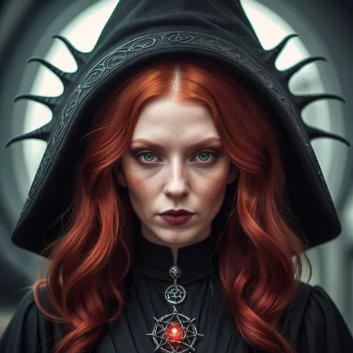 Prompt: Lovecraftian beautiful red haired Sith witch