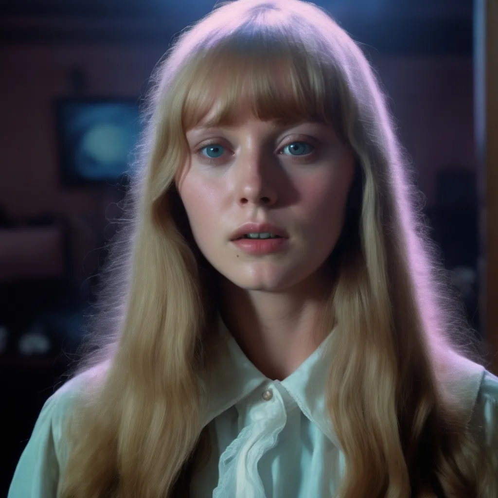 Prompt: Cinematic Dario Argento inspired Lovecraftian still, Sissy Spacek as pretty but awkward blonde 21 year old high school student psychic from the 1970's waves of psychic energy coming from her eyes, 64 megapixels, perfect composition, photorealistic and hyperdetailed