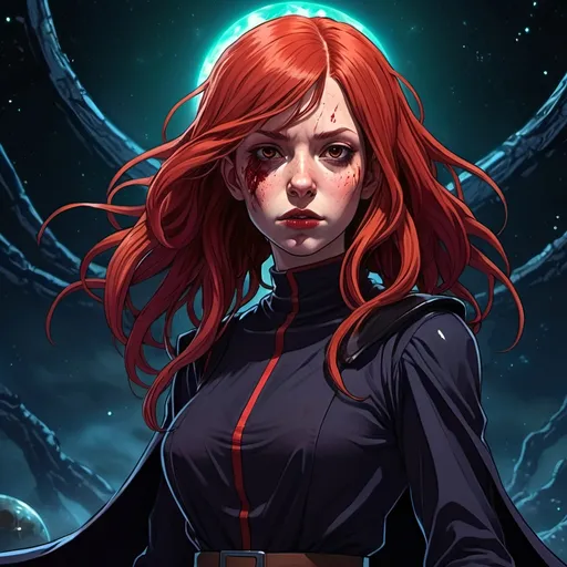 Prompt: 2d dark j horror anime style, dark space, 
Lovecraftian beautiful 24 year old  red haired Sith witch,  science-fiction, pulp style