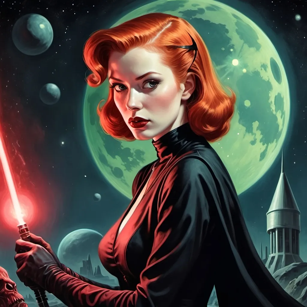 Prompt: dark space, Lovecraftian beautiful 24 year old  red haired Sith vampire witch on  the first page of science fiction, 50's editorial color illustration