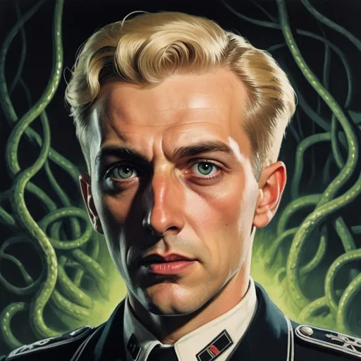 Prompt: Sinister 30 year old German man with slick short blonde hair, SS  uniform, simister Lovecraftian villainn  the first page of horror and science fiction, 50's editorial color illustration