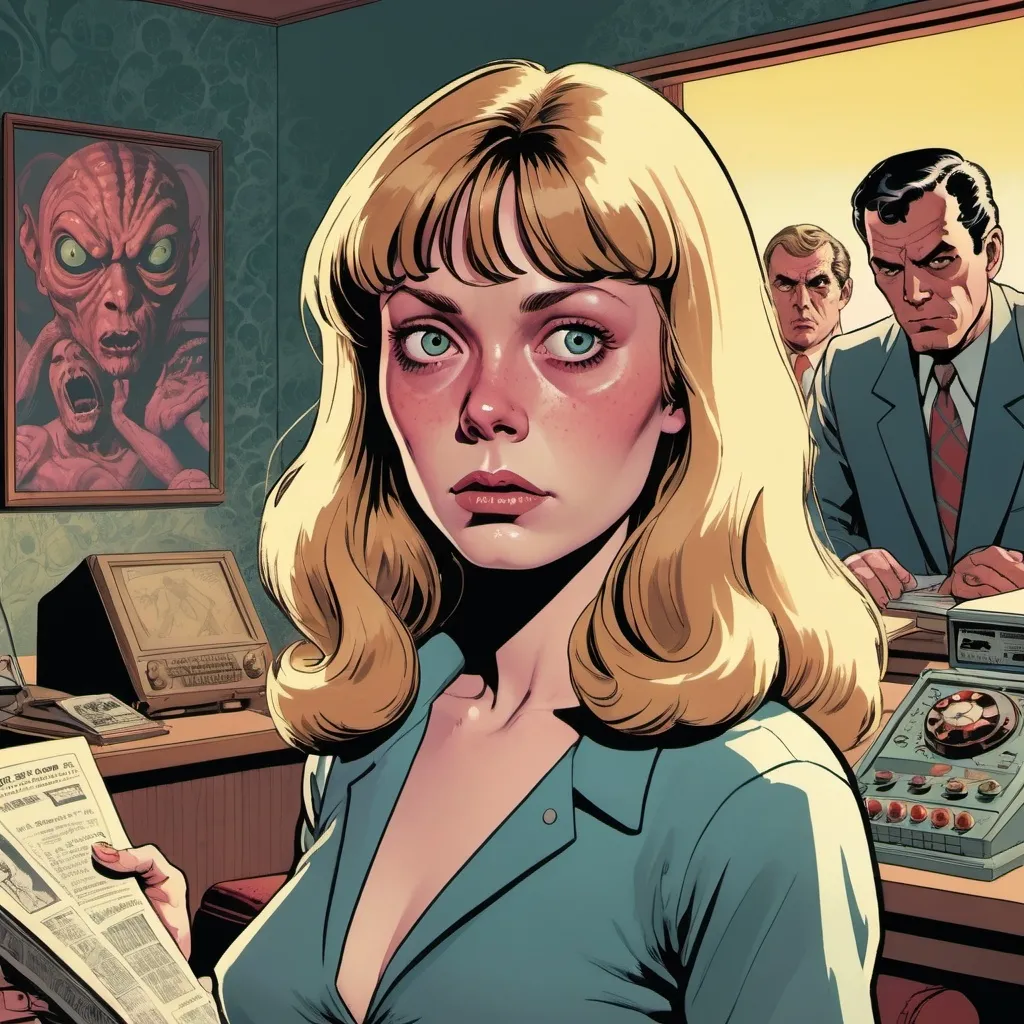 Prompt: GTA V cover art, Cinematic Dario Argento inspired (Lovecraftian atmosphere), (Sissy Spacek as a 21-year-old high school student), pretty but (awkward), (blonde), waves of (psychic energy) emanating from her (eyes), 1970's setting, (photorealistic), (hyper-detailed), (64 megapixels), (perfect composition), moody lighting, lush colors, unsettling ambiance, dramatic shadows, retro details, haunting backdrop, in the style of Jack Kirby and Wally Wood, 1950s vintage comic, faded colors, cartoon illustration