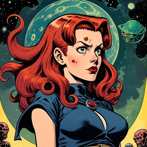 Prompt: 2d dark j horror anime style, dark space, 
Lovecraftian beautiful 24 year old  red haired Sith witch, in the style of Jack Kirby and Wally Wood, 1940s vintage comic, faded colors