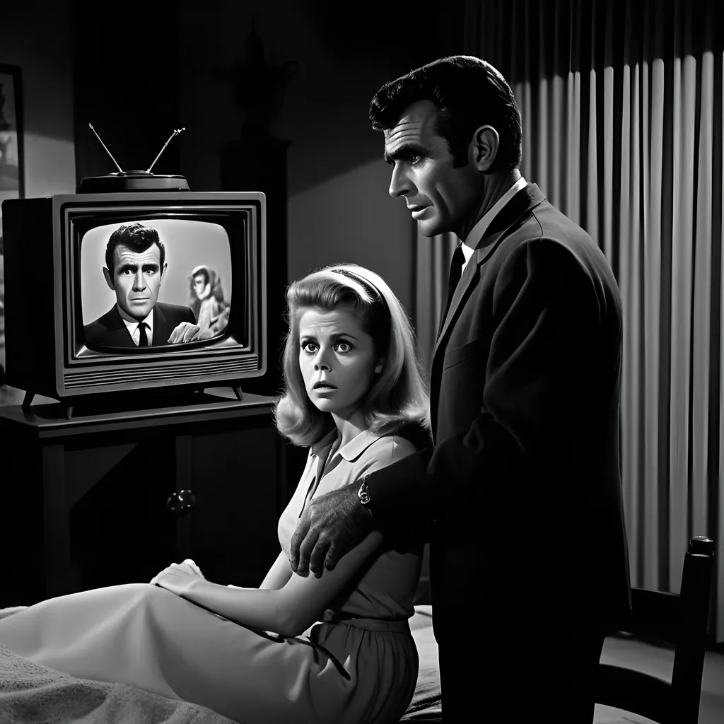 Prompt: (Rod Serling and Elizabeth Montgomery), captivating scene from (The Twilight Zone), ethereal ambiance, quirky and surreal elements, high contrast black and white, heightened drama, vintage television style, cinematic lighting, 4K resolution, iconic expressions, mysterious setting, shadows playing, curious atmosphere, nostalgia-inducing composition, timeless inspiration, masterpiece of imagination.