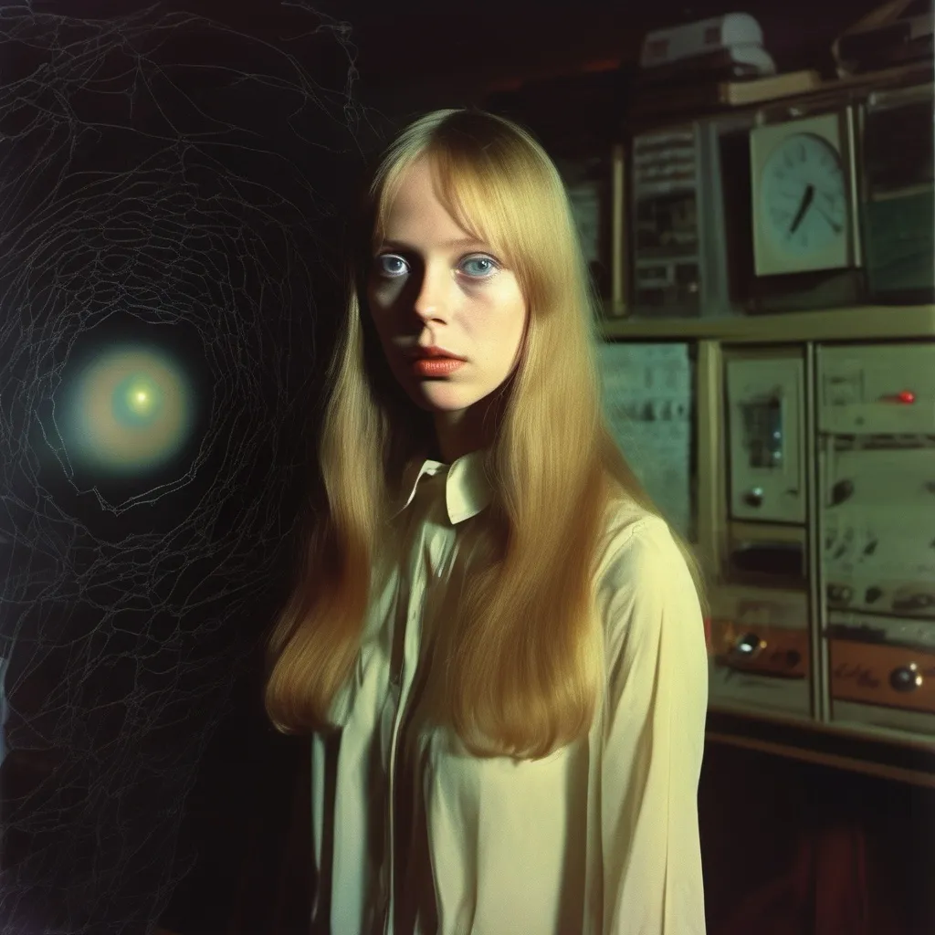 Prompt: Cinematic Dario Argento inspired Lovecraftian still, Sissy Spacek as pretty but awkward blonde 21 year old high school student psychic from the 1970's waves of psychic energy coming from her eyes, 64 megapixels, perfect composition, photorealistic and hyperdetailed