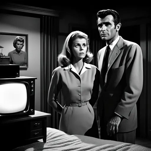 Prompt: (Rod Serling and Elizabeth Montgomery), captivating scene from (The Twilight Zone), ethereal ambiance, quirky and surreal elements, high contrast black and white, heightened drama, vintage television style, cinematic lighting, 4K resolution, iconic expressions, mysterious setting, shadows playing, curious atmosphere, nostalgia-inducing composition, timeless inspiration, masterpiece of imagination.