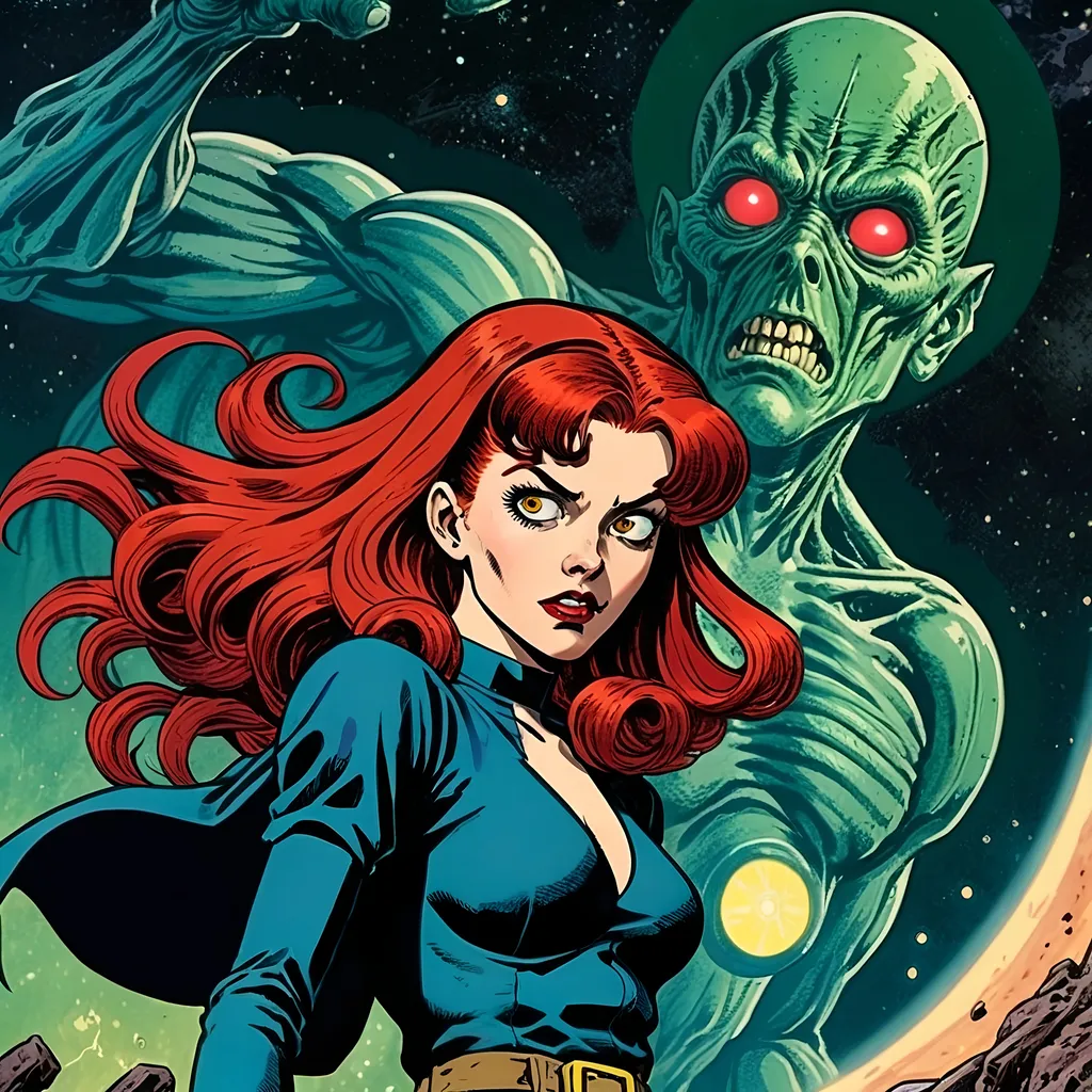 Prompt: 2d dark j horror anime style, dark space, 
Lovecraftian beautiful 24 year old  red haired Sith witch, in the style of Jack Kirby and Wally Wood, 1940s vintage comic, faded colors