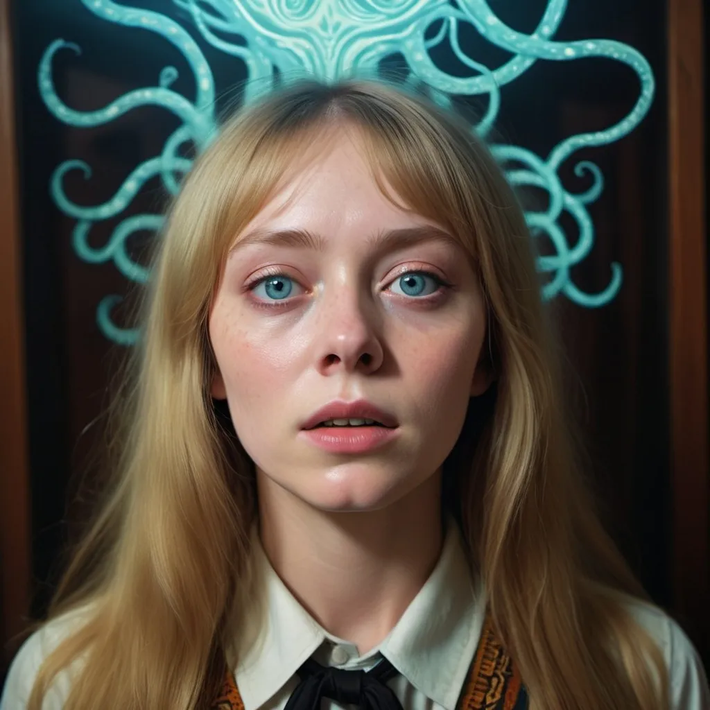 Prompt: Cinematic Dario Argento inspired Lovecraftian still, Sissy Spacek as pretty but awkward blonde 19 year old high school student psychic from the 1970's waves of psychic energy coming from her eyes, 64 megapixels, perfect composition,  photorealistic and hyperdetailed 