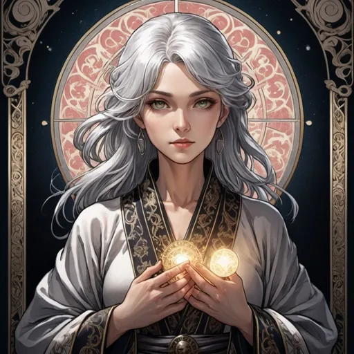 Prompt: tarot card Anime illustration, a silver-haired woman, detailed ornate cloth robe, dramatic lighting