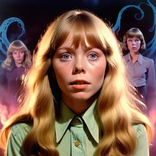 Prompt: (Lovecraftian atmosphere), (Sissy Spacek as a 21-year-old high school student), pretty but (awkward), (blonde), waves of (psychic energy) emanating from her (eyes), 1970's setting, moody lighting, lush colors, unsettling ambiance, dramatic shadows, retro details, haunting backdrop, in the style of Shirley Bellwood, Misty 1970s vintage horror comic, faded colors