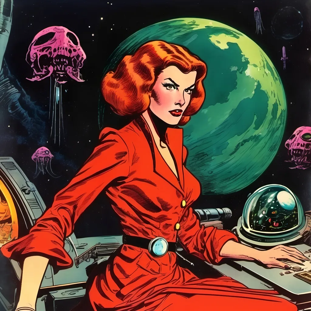 Prompt: dark space, Lovecraftian beautiful 24 year old  red haired Sith vampire witch on  the first page of science fiction, 50's editorial color illustration