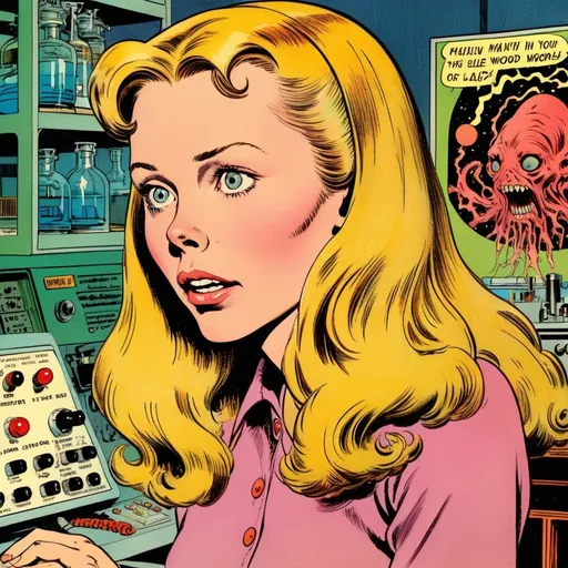 Prompt: Pretty but awkward 22 year old blonde 1970's young woman,  Sissy Spacek, psychic waves coming from her mind, in a lab, in the style of Al Feldstein, Shirley Bellwood, Jack Kirby and Wally Wood, 1950s vintage comic, faded colors, Lovecraftian atmospheric horror