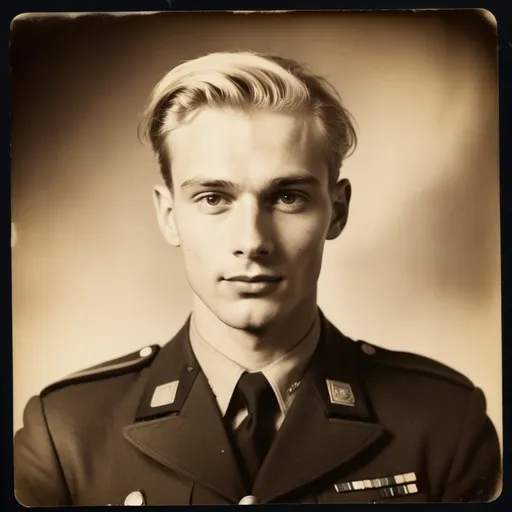 Prompt: Old sepia polaroid photo of 1950's 30 year old blonde German man black military unìform, soft lighting,photo realistic, cinematic