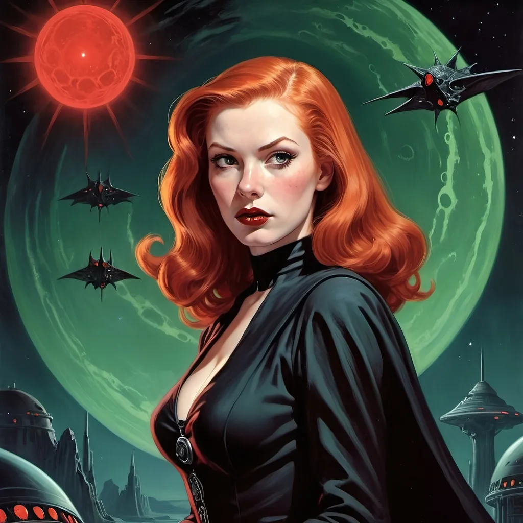 Prompt: dark space, Lovecraftian beautiful 24 year old  red haired Sith vampire witch on  the first page of science fiction, 50's editorial color illustration