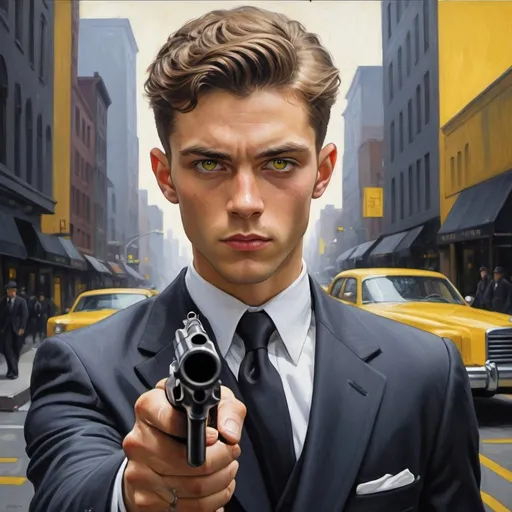 Prompt: a very handsome, young man, white, early twenties, man in a suit holding a gun in his hand and looking at the camera with a serious look on his face,  eyes very  large, feline shaped, bright yellow irises, Christopher Perkins, precisionism, promotional image, a photorealistic painting,, left pointer figure on trigger, dark city street background, no flowers in background


