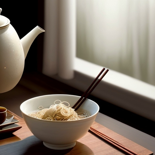 Prompt: A bowl of noodles artfully lifted by chopsticks, the noodles forming a figure-like shape. The scene is set on a table with a teapot and flowers in the background, with warm, soft lighting filtering through sheer curtains, creating a cozy and inviting atmosphere. The focus is on the noodles, which appear to be almost dancing, with a realistic, detailed, and slightly surreal style."