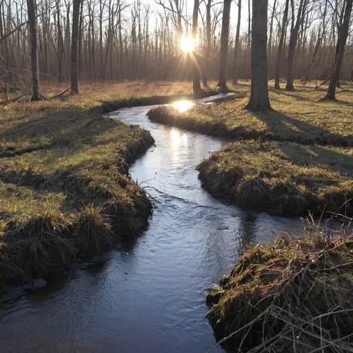 Prompt: Late afternoon sun over swampy march with stream flowing toward viewer