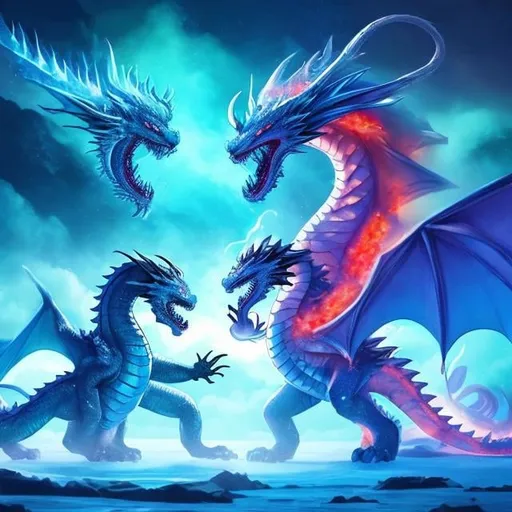 Prompt: a ice dragon fighting a hot dragon with no fear on a island and the sky is half fire and half ice and santa flying by  