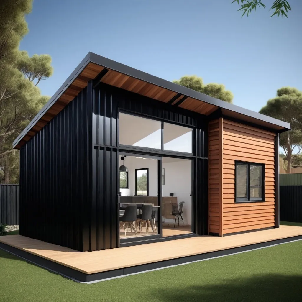 Prompt: Transportable home, 9.2m by 6.5m in size, 60sqm. Black iron cladding with tray profile and cedar feature wall at the front. Modern and architectural design. Sliding door at the door with a window either side. Mono pitch roof. 