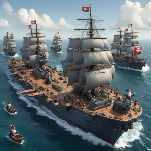 Prompt: A giant naval fleet with gnomes controlling the war ships!