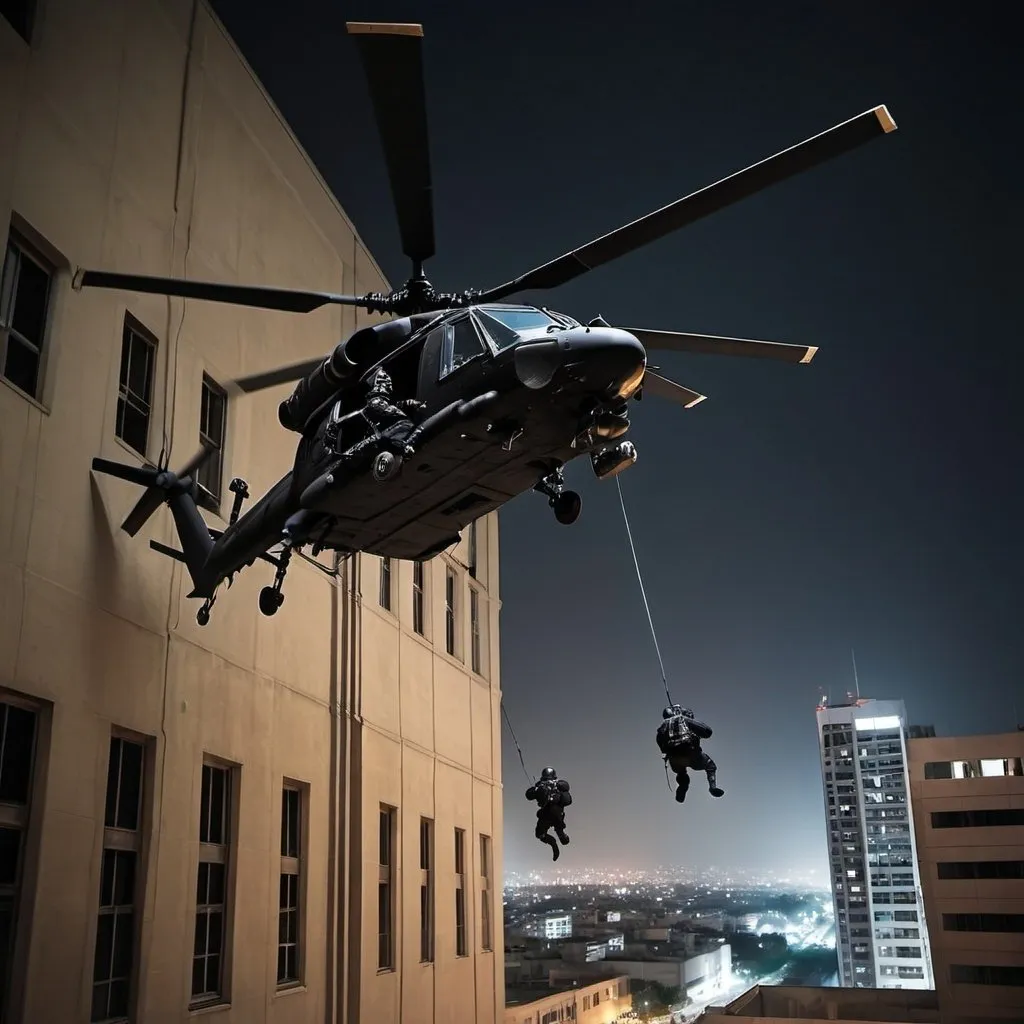 Prompt: Special forces repelling from a black stealth helicopter, make it night and they are trying to infiltrate a highly secured building