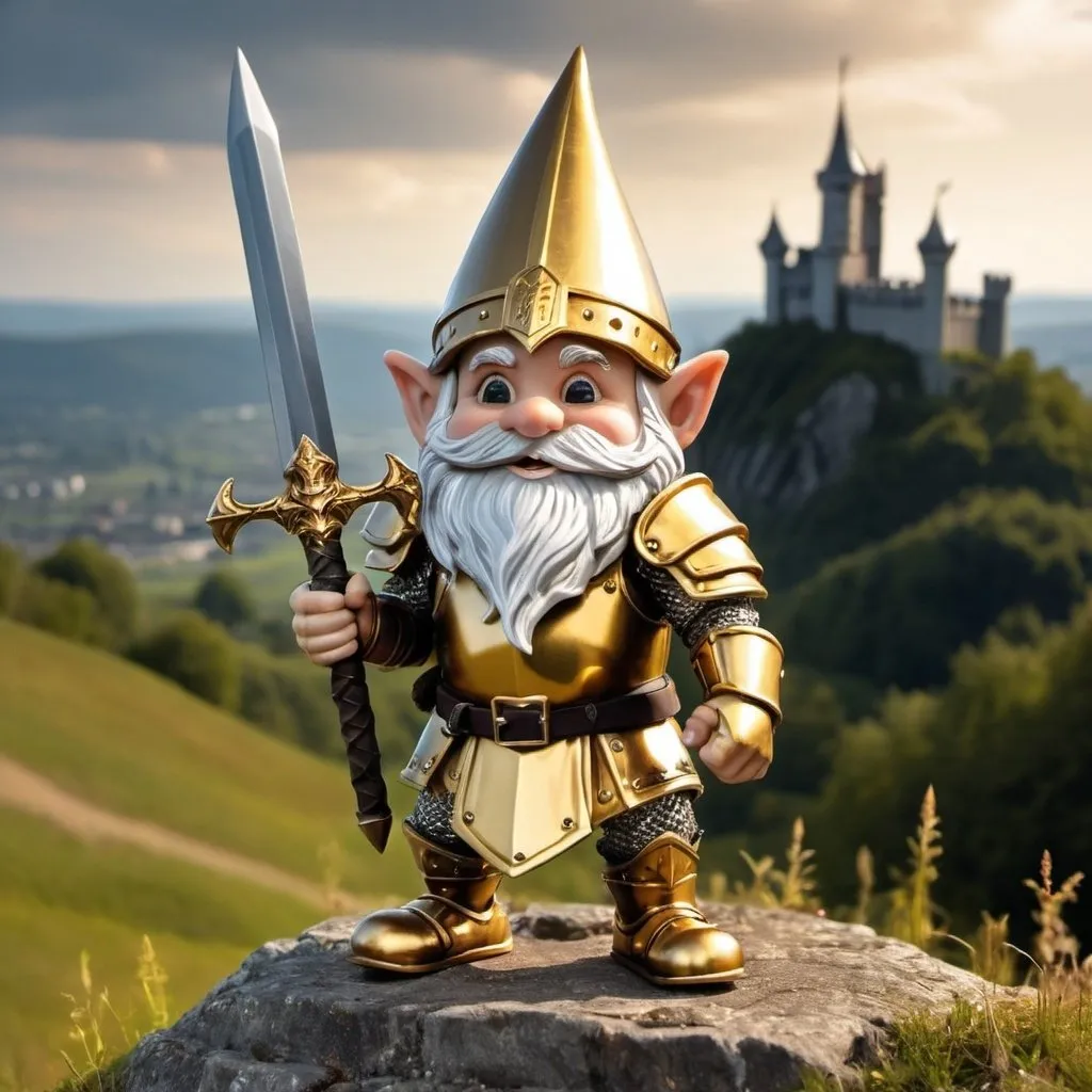 Prompt: Warrior gnome in legendary golden armor with a golden sword on a hill overlooking a knights castle!
