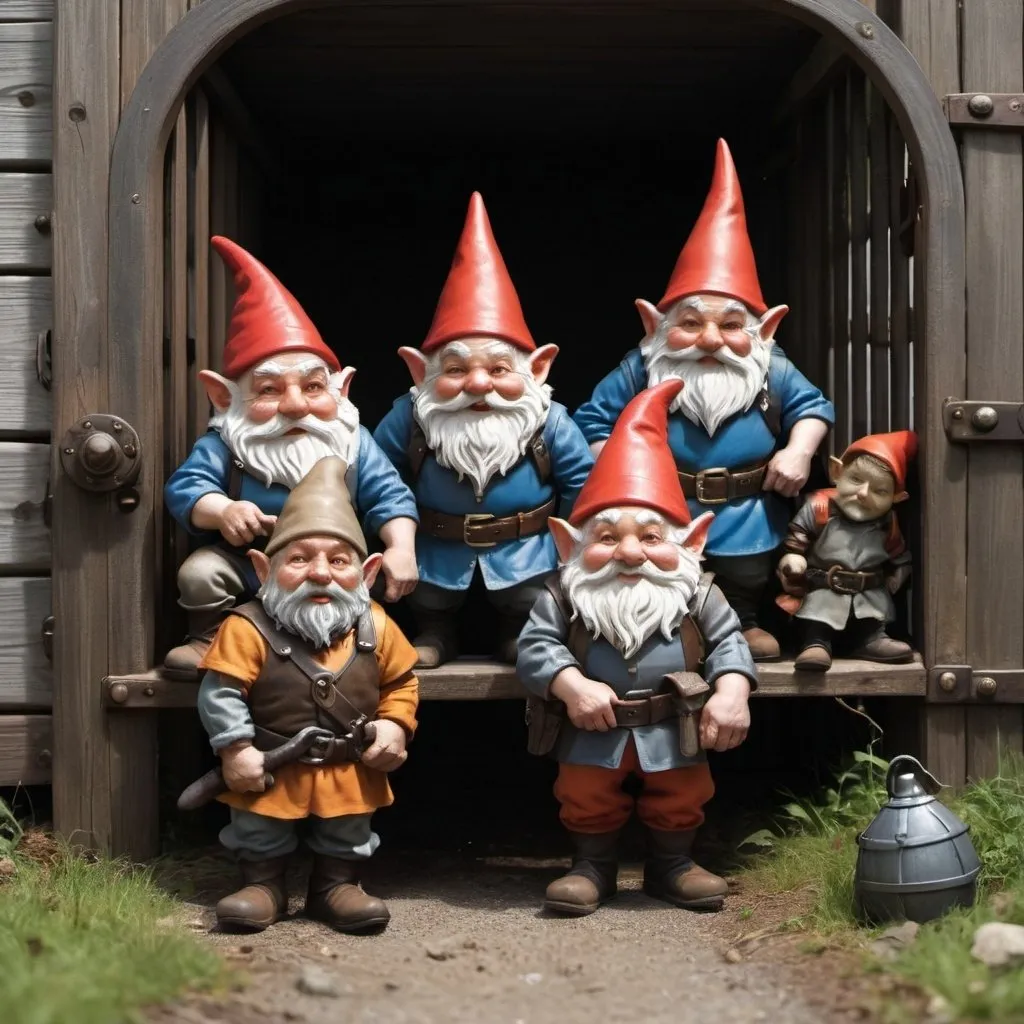 Prompt: Gnomes being captured, arrested, and forced into a jail wagon by knights